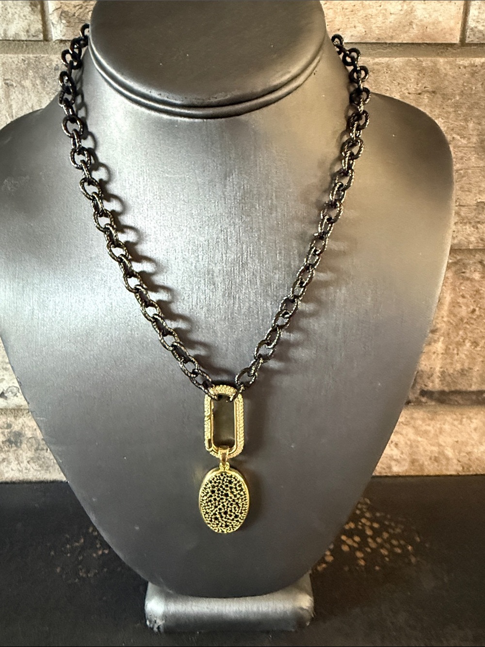 Freida Rothman Gold and Black Pendant Necklace with Black Lumi Chain